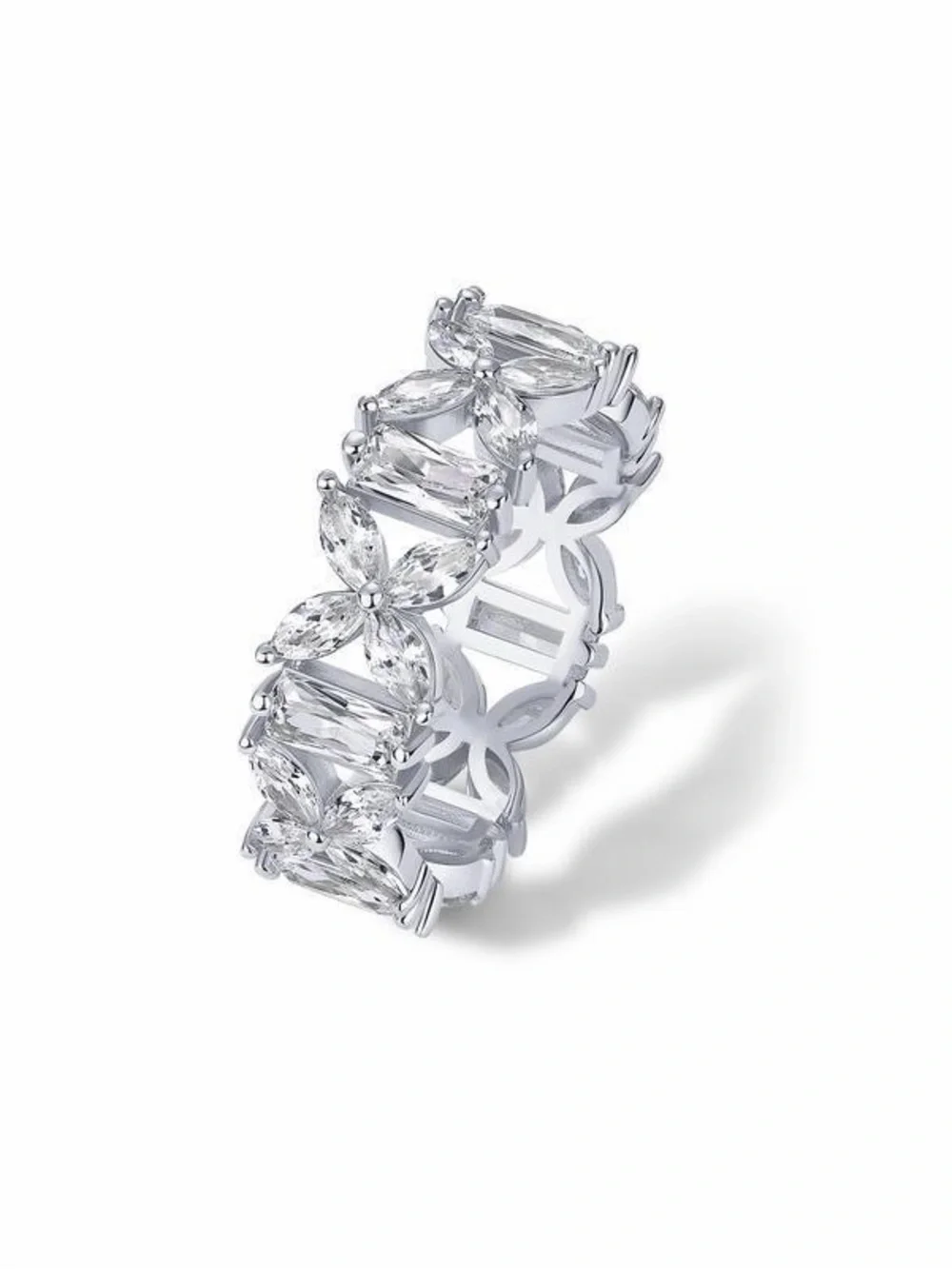 Silver Crystal Floral Eternity Band -‎ Women's Jewelry Ring
